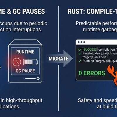 Split-screen comparison of Go and Rust programming languages showing runtime vs compile-time safety trade-offs