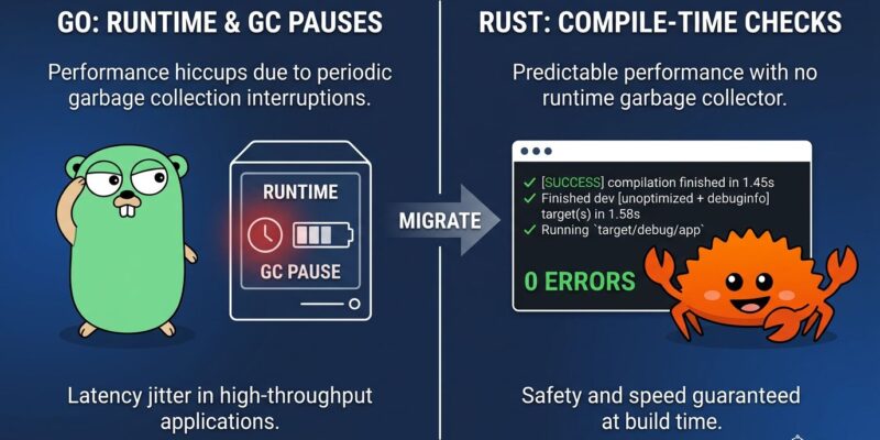 Split-screen comparison of Go and Rust programming languages showing runtime vs compile-time safety trade-offs