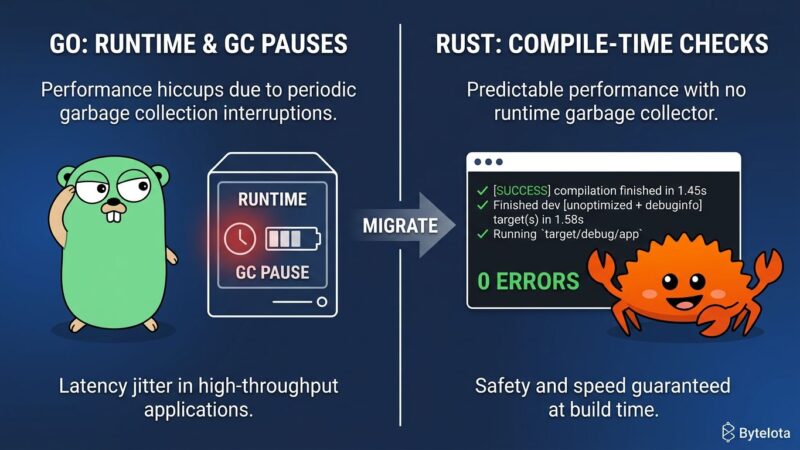 Split-screen comparison of Go and Rust programming languages showing runtime vs compile-time safety trade-offs