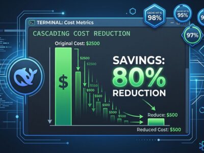 Terminal window showing cost comparison with DeepSeek Reasonix prefix caching reducing AI coding costs by 80 percent