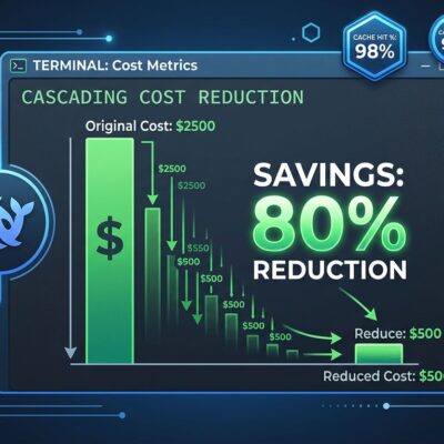 Terminal window showing cost comparison with DeepSeek Reasonix prefix caching reducing AI coding costs by 80 percent