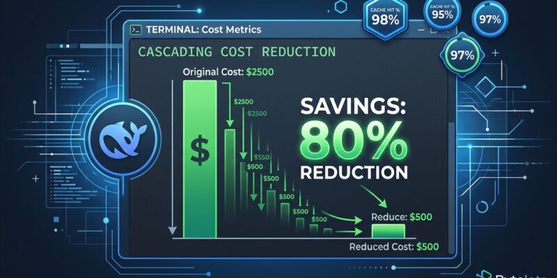 Terminal window showing cost comparison with DeepSeek Reasonix prefix caching reducing AI coding costs by 80 percent