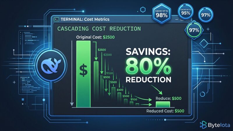 Terminal window showing cost comparison with DeepSeek Reasonix prefix caching reducing AI coding costs by 80 percent