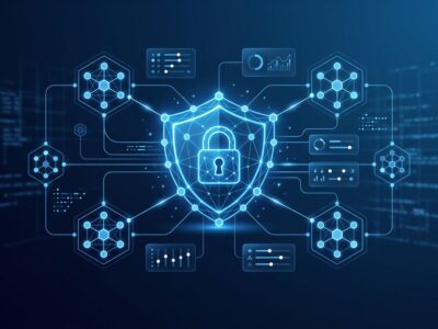 Abstract visualization of Docker AI Governance showing microVM isolation, policy control surfaces, and secure agent boundaries in blue and white