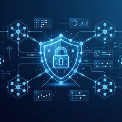 Abstract visualization of Docker AI Governance showing microVM isolation, policy control surfaces, and secure agent boundaries in blue and white