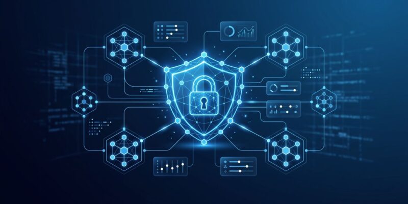 Abstract visualization of Docker AI Governance showing microVM isolation, policy control surfaces, and secure agent boundaries in blue and white