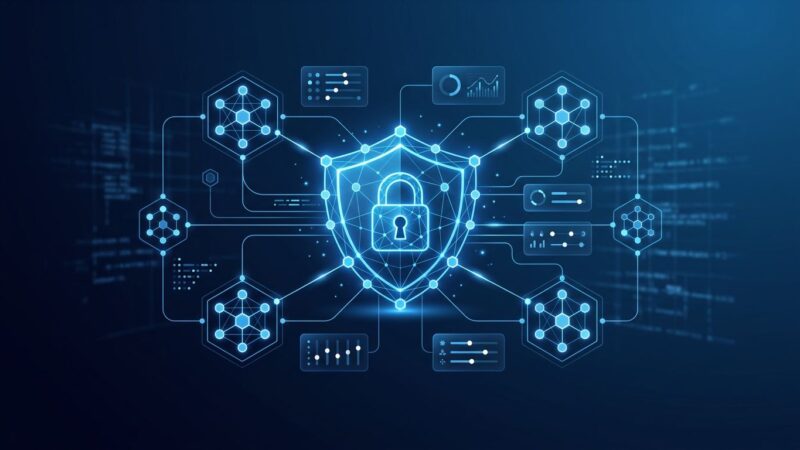 Abstract visualization of Docker AI Governance showing microVM isolation, policy control surfaces, and secure agent boundaries in blue and white