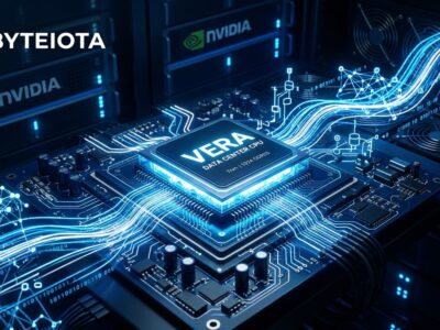 NVIDIA Vera CPU chip glowing in blue data center environment, purpose-built for agentic AI workloads