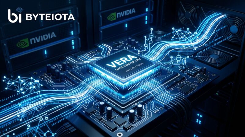 NVIDIA Vera CPU chip glowing in blue data center environment, purpose-built for agentic AI workloads