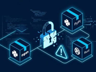 Interconnected package boxes representing npm, PyPI, and Crates.io supply chain attack with a broken lock and warning symbol on dark blue background