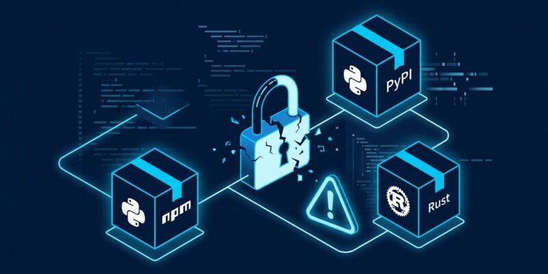 Interconnected package boxes representing npm, PyPI, and Crates.io supply chain attack with a broken lock and warning symbol on dark blue background
