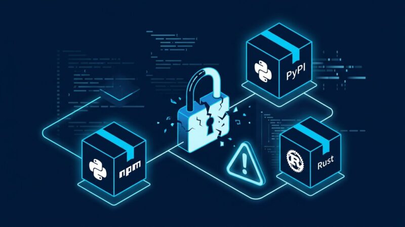 Interconnected package boxes representing npm, PyPI, and Crates.io supply chain attack with a broken lock and warning symbol on dark blue background