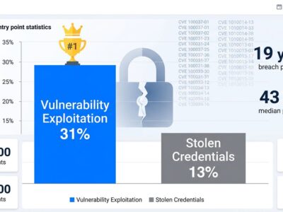 Data visualization showing vulnerability exploitation (31%) overtaking stolen credentials (13%) as top breach vector in Verizon DBIR 2026