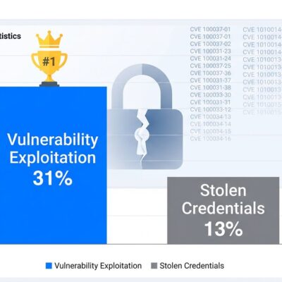 Data visualization showing vulnerability exploitation (31%) overtaking stolen credentials (13%) as top breach vector in Verizon DBIR 2026