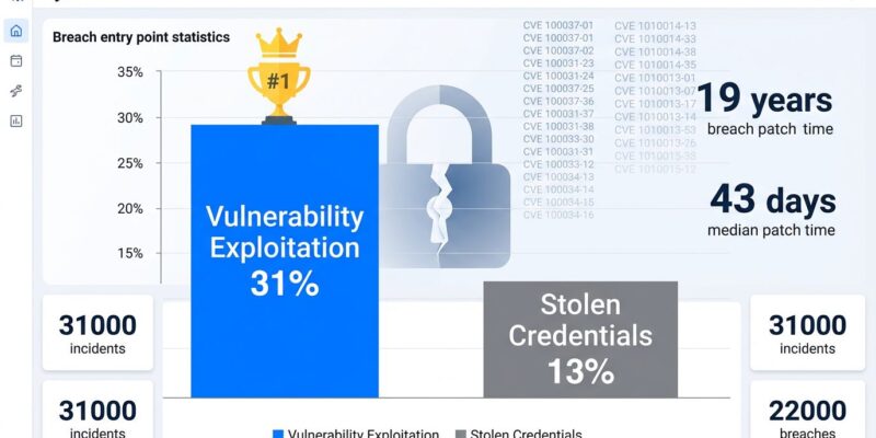 Data visualization showing vulnerability exploitation (31%) overtaking stolen credentials (13%) as top breach vector in Verizon DBIR 2026