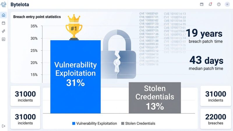 Data visualization showing vulnerability exploitation (31%) overtaking stolen credentials (13%) as top breach vector in Verizon DBIR 2026