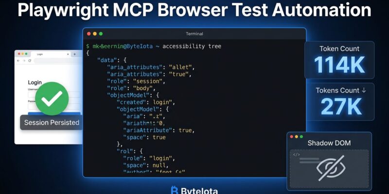 Playwright MCP workspace showing accessibility tree output, token cost comparison (114K vs 27K), and shadow DOM element detection in browser test automation