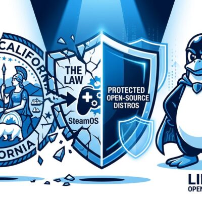 California state seal with Linux Tux penguin and fractured shield representing the AB 1856 open-source exemption
