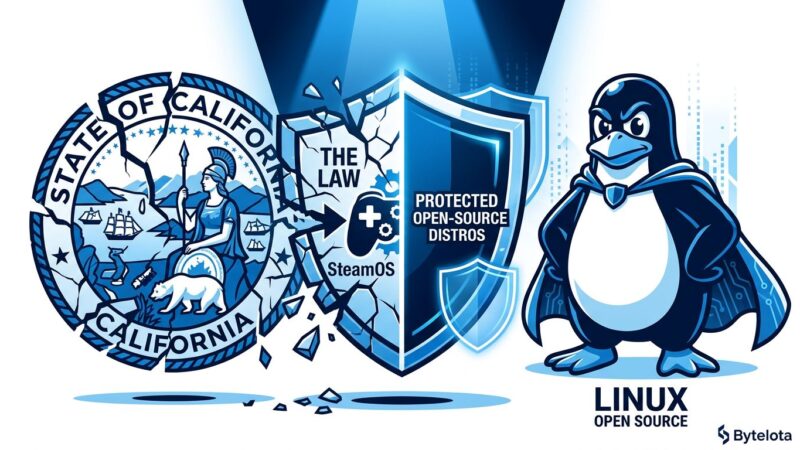 California state seal with Linux Tux penguin and fractured shield representing the AB 1856 open-source exemption