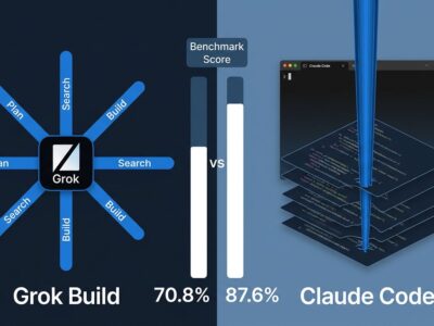 Split-screen comparison of Grok Build and Claude Code showing parallel agent architecture and benchmark scores