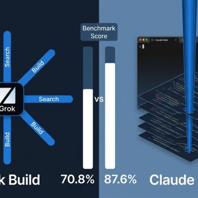 Split-screen comparison of Grok Build and Claude Code showing parallel agent architecture and benchmark scores