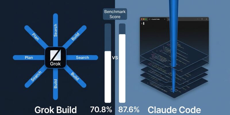 Split-screen comparison of Grok Build and Claude Code showing parallel agent architecture and benchmark scores