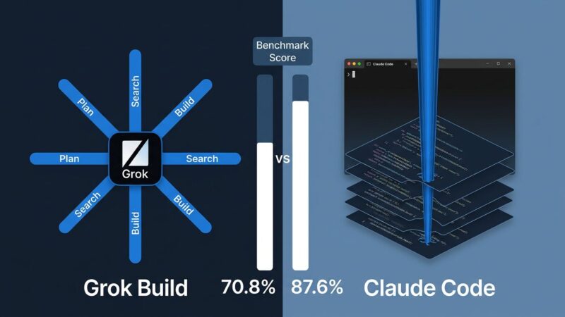 Split-screen comparison of Grok Build and Claude Code showing parallel agent architecture and benchmark scores