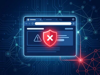 Browser window with red warning indicators showing Chromium Service Worker botnet vulnerability network connections