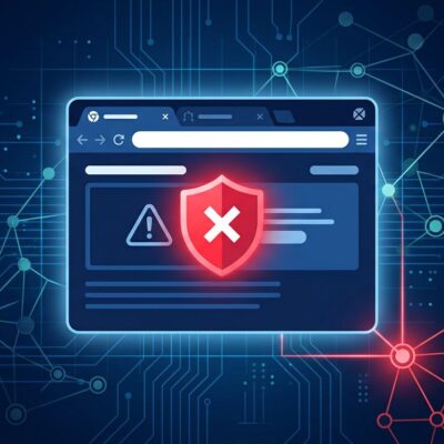 Browser window with red warning indicators showing Chromium Service Worker botnet vulnerability network connections