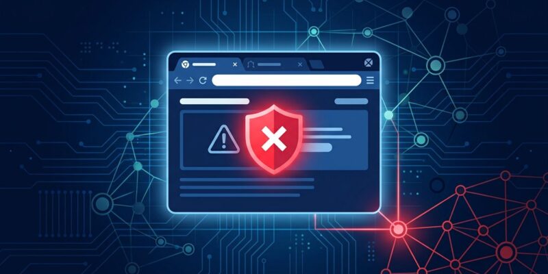 Browser window with red warning indicators showing Chromium Service Worker botnet vulnerability network connections