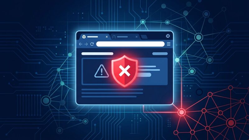 Browser window with red warning indicators showing Chromium Service Worker botnet vulnerability network connections