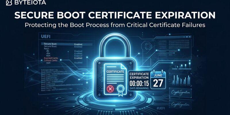 Secure Boot certificate expiration June 2026 - padlock with UEFI interface and countdown