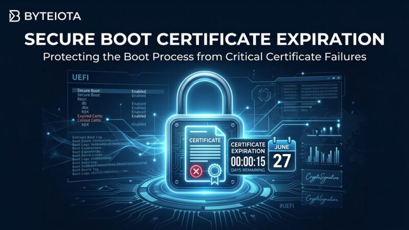 Secure Boot certificate expiration June 2026 - padlock with UEFI interface and countdown