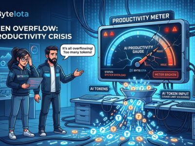 Broken productivity meter with AI tokens overflowing and developers concerned