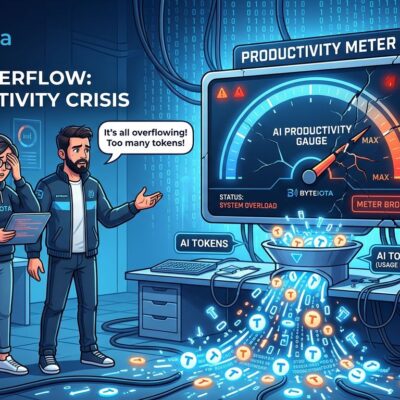 Broken productivity meter with AI tokens overflowing and developers concerned