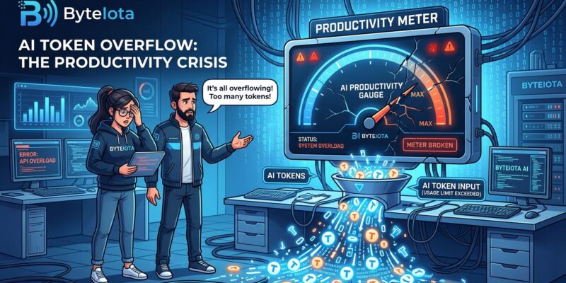 Broken productivity meter with AI tokens overflowing and developers concerned