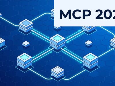 Abstract visualization of stateless MCP protocol with interconnected network nodes in blue and white ByteIota brand colors