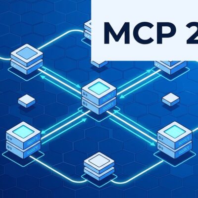 Abstract visualization of stateless MCP protocol with interconnected network nodes in blue and white ByteIota brand colors