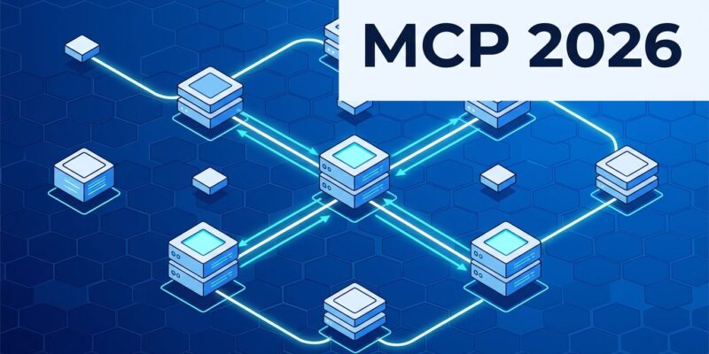 Abstract visualization of stateless MCP protocol with interconnected network nodes in blue and white ByteIota brand colors