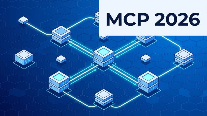 Abstract visualization of stateless MCP protocol with interconnected network nodes in blue and white ByteIota brand colors