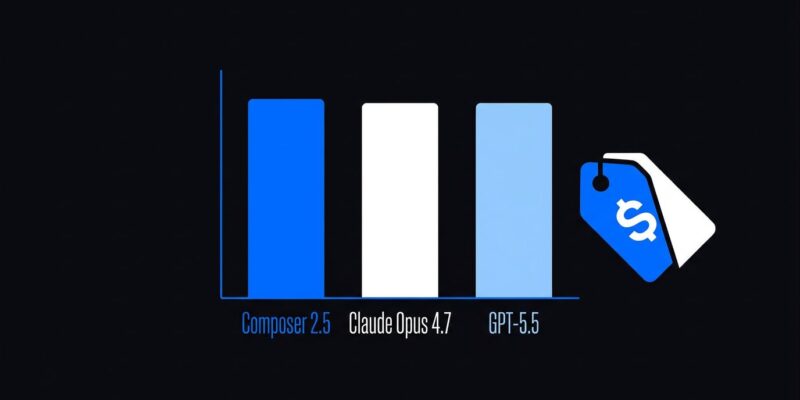 Benchmark comparison chart showing Cursor Composer 2.5 matching Claude Opus 4.7 and GPT-5.5 on SWE-Bench while costing significantly less
