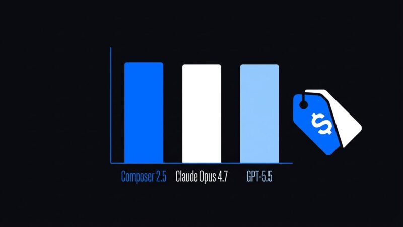 Benchmark comparison chart showing Cursor Composer 2.5 matching Claude Opus 4.7 and GPT-5.5 on SWE-Bench while costing significantly less