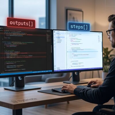 Developer screen showing Gemini API code migration from outputs array to steps array, blue and white color scheme
