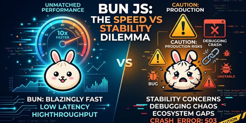 Bun JavaScript runtime performance vs production reality visualization showing speed advantages and critical blockers