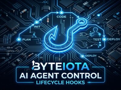 Blue hook symbol integrated into circuit board representing OpenAI Codex lifecycle hooks controlling an AI coding agent