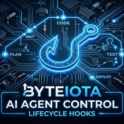 Blue hook symbol integrated into circuit board representing OpenAI Codex lifecycle hooks controlling an AI coding agent
