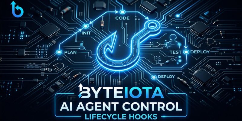 Blue hook symbol integrated into circuit board representing OpenAI Codex lifecycle hooks controlling an AI coding agent