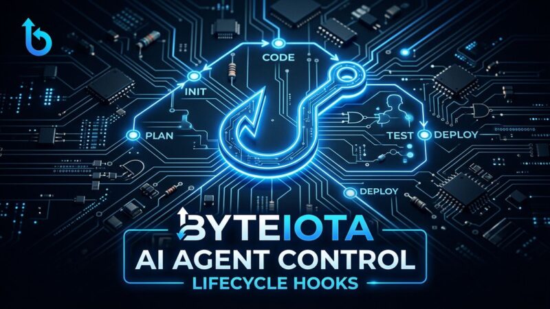 Blue hook symbol integrated into circuit board representing OpenAI Codex lifecycle hooks controlling an AI coding agent