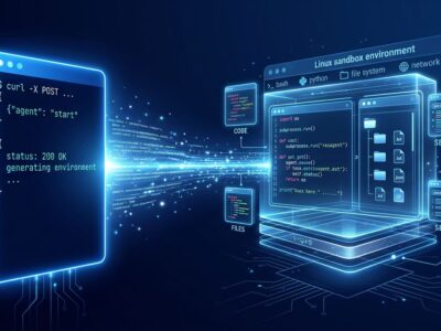 A futuristic visualization of a single API call spawning a complete AI agent with Linux sandbox, code execution and web search - ByteIota