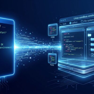 A futuristic visualization of a single API call spawning a complete AI agent with Linux sandbox, code execution and web search - ByteIota